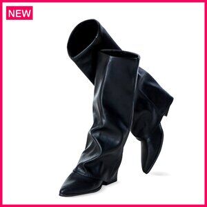 Knee High Fold Over Shark Boots Pointed Toe Block Heel Wide Calf Faux Leather